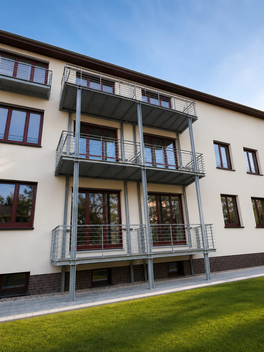 Selbsttragende Vorstellbalkonanlage aus verzinktem Stahl an einem Mehrfamilienhaus